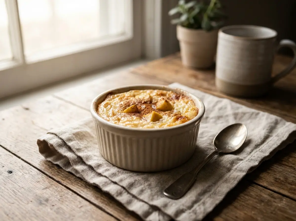 Baked apple rice pudding in a small ovenproof dish