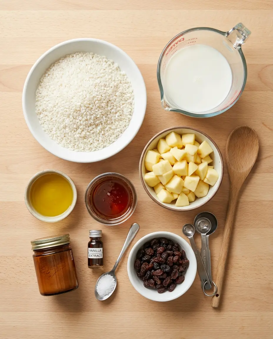 Ingredients for baked apple rice pudding laid out