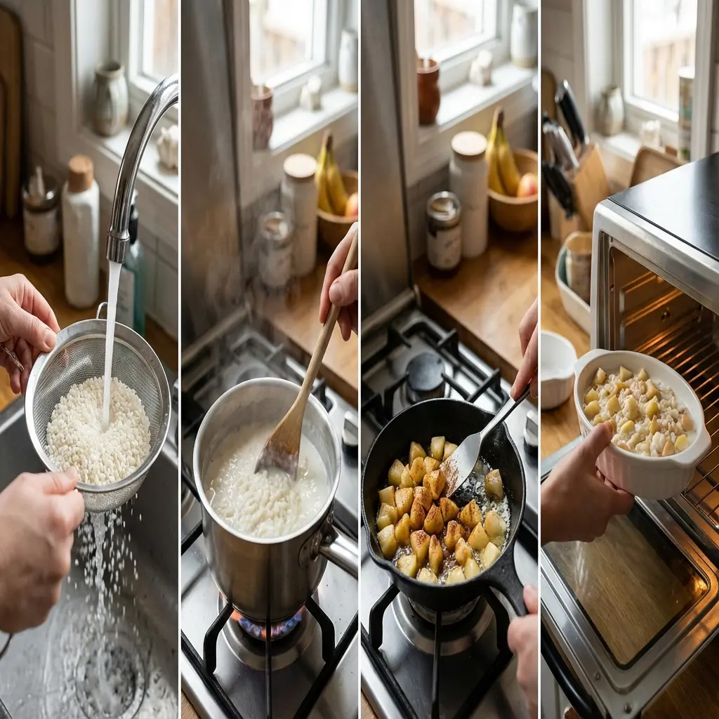 Baked apple rice pudding being spooned from a dish