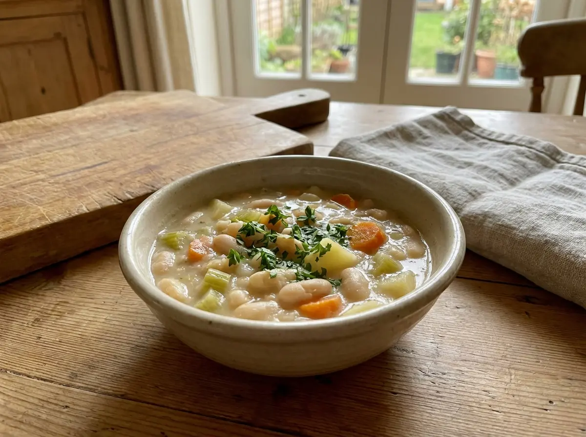 Bowl of creamy white bean stew with herbs