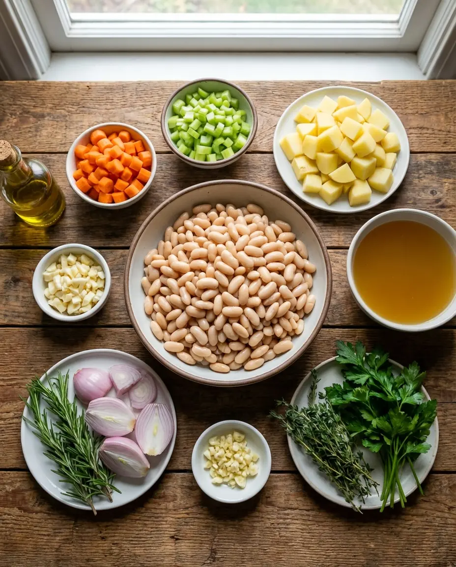 Ingredients for white bean stew on a counter