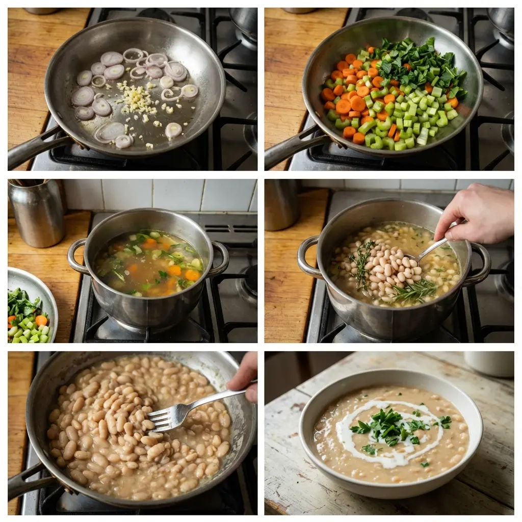 Cooking steps for white bean stew in a small saucepan
