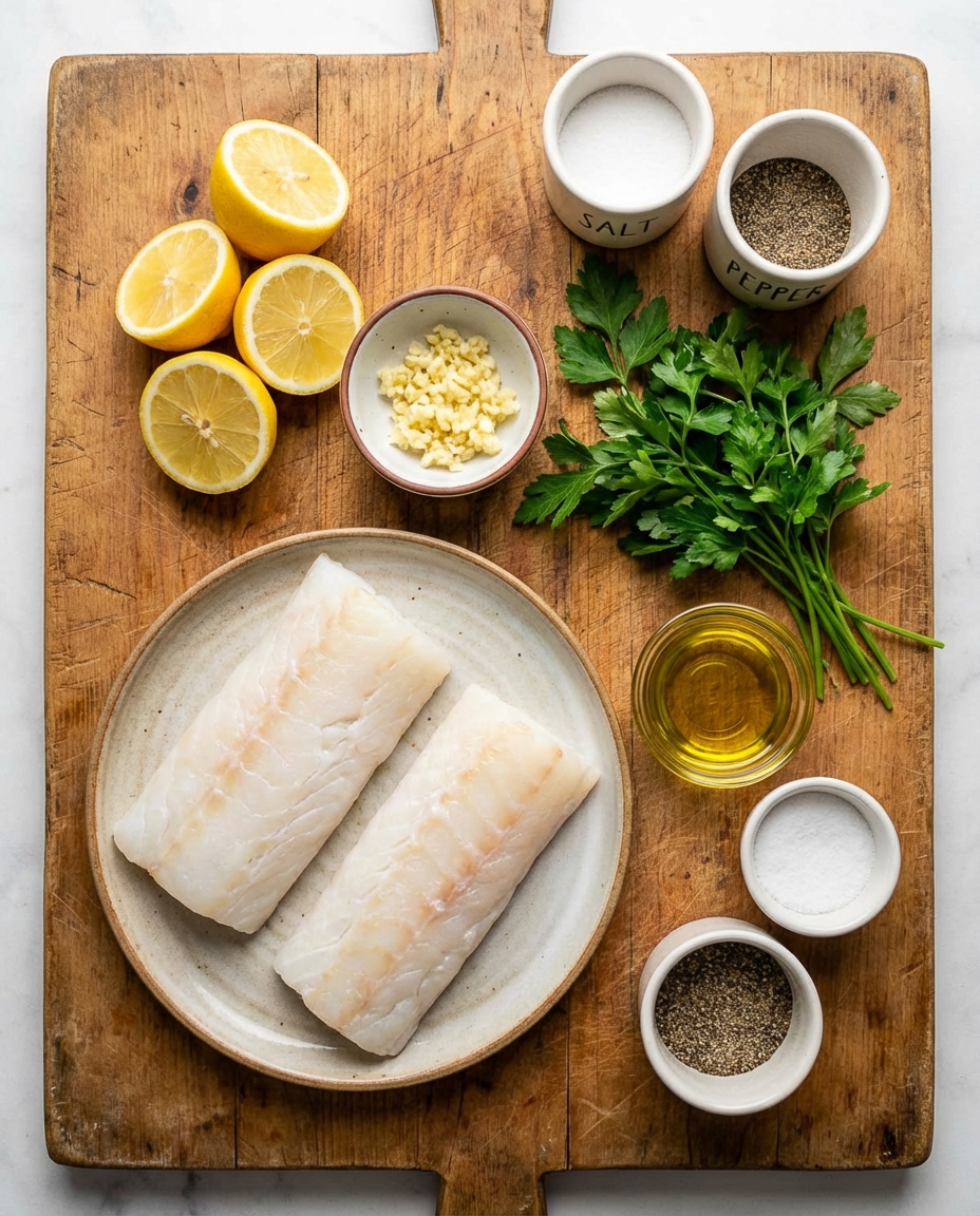 Bowl of lemon, herbs and olive oil beside cod fillets