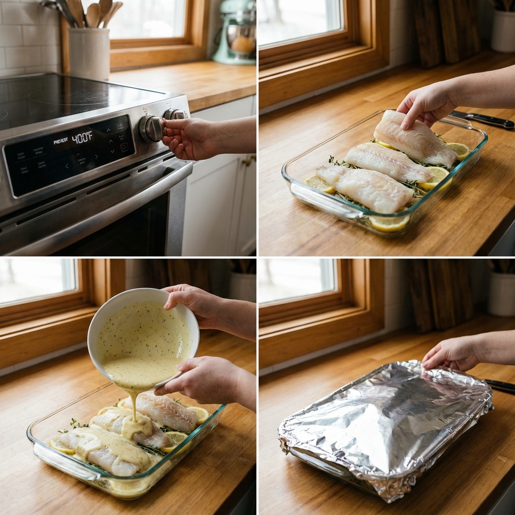 Preparation steps for lemon herb baked cod in a small baking dish