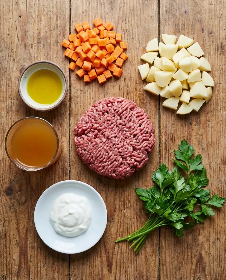 Ingredients for beef and carrot mash