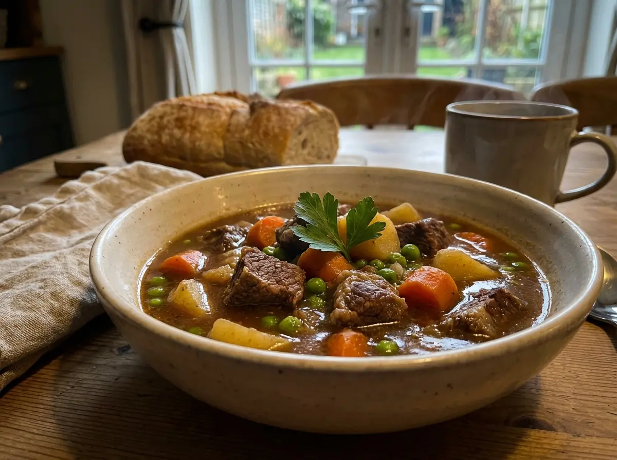 Gentle beef and vegetable stew in a bowl