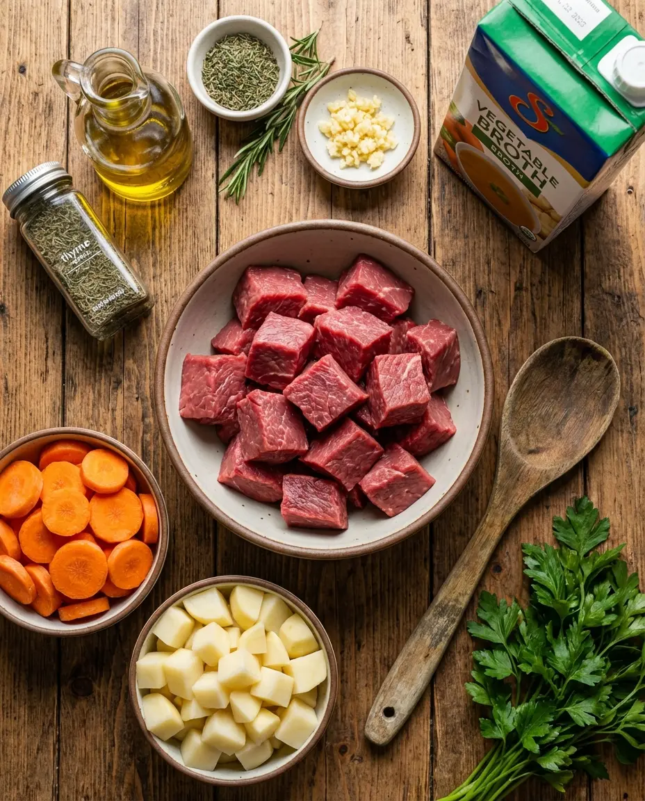 Ingredients laid out for beef stew