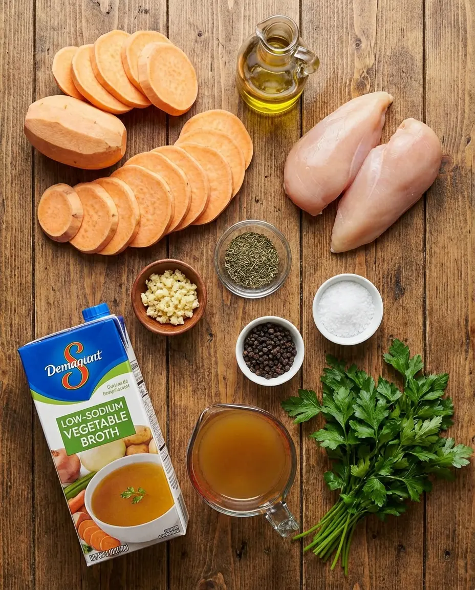 Ingredients for chicken and sweet potato bake arranged on a surface