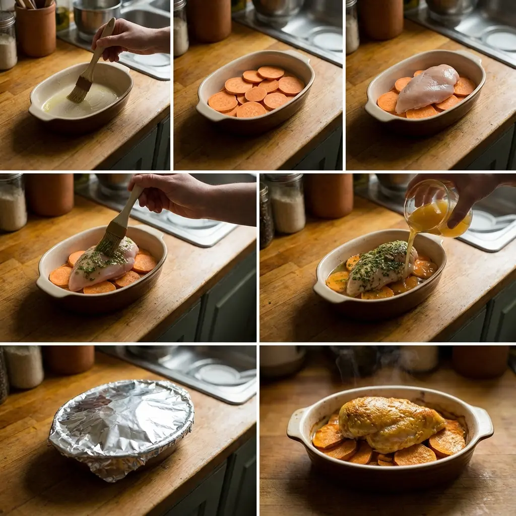 Step-by-step assembly of the chicken and sweet potato bake