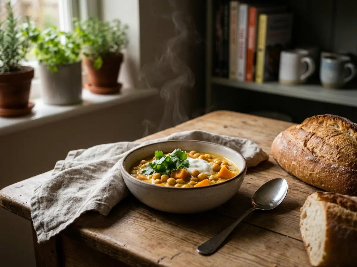 Bowl of gentle chickpea and sweet potato curry garnished with herbs