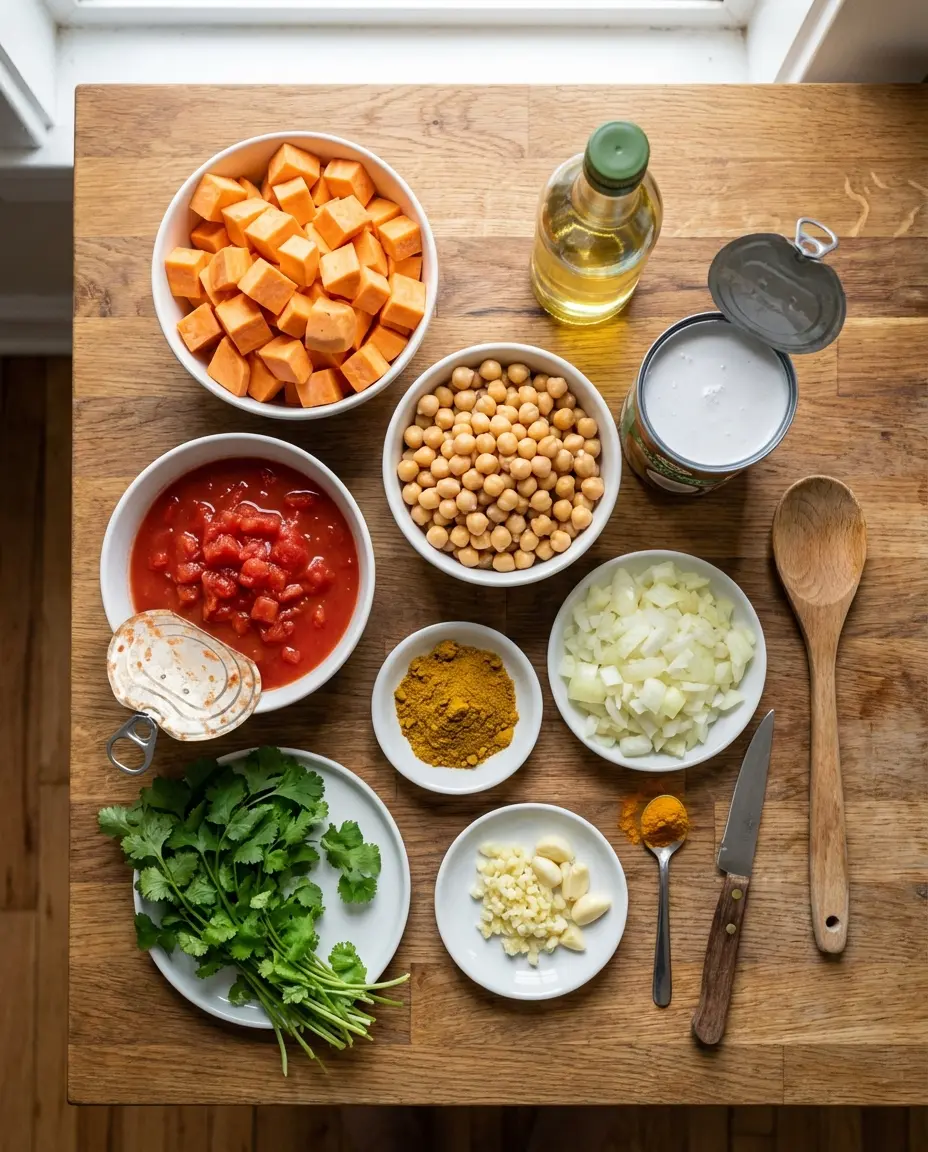 Ingredients for gentle chickpea and sweet potato curry on a surface