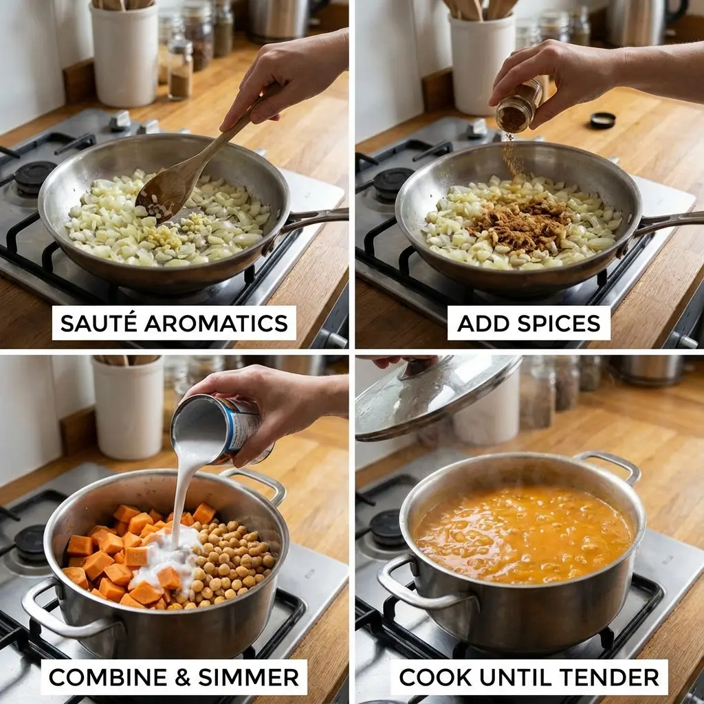Cooking steps for gentle chickpea and sweet potato curry in a saucepan