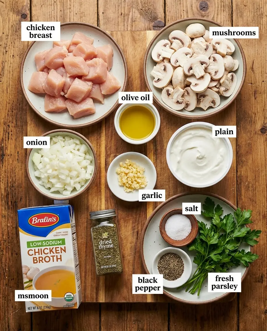 Ingredients for creamy chicken and mushroom skillet