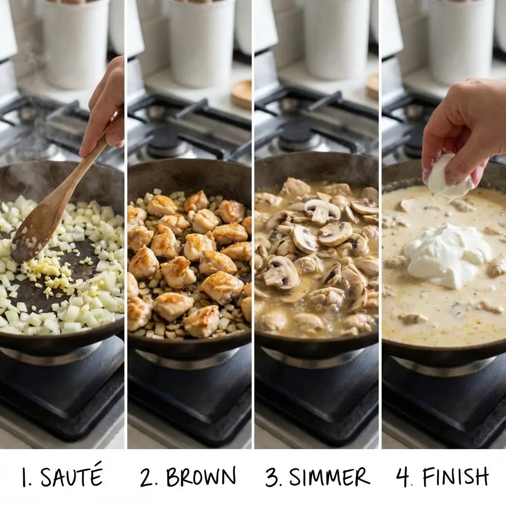 Cooking steps for creamy chicken and mushroom skillet