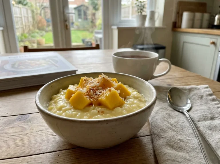 gentle mango coconut rice pudding small portions featured