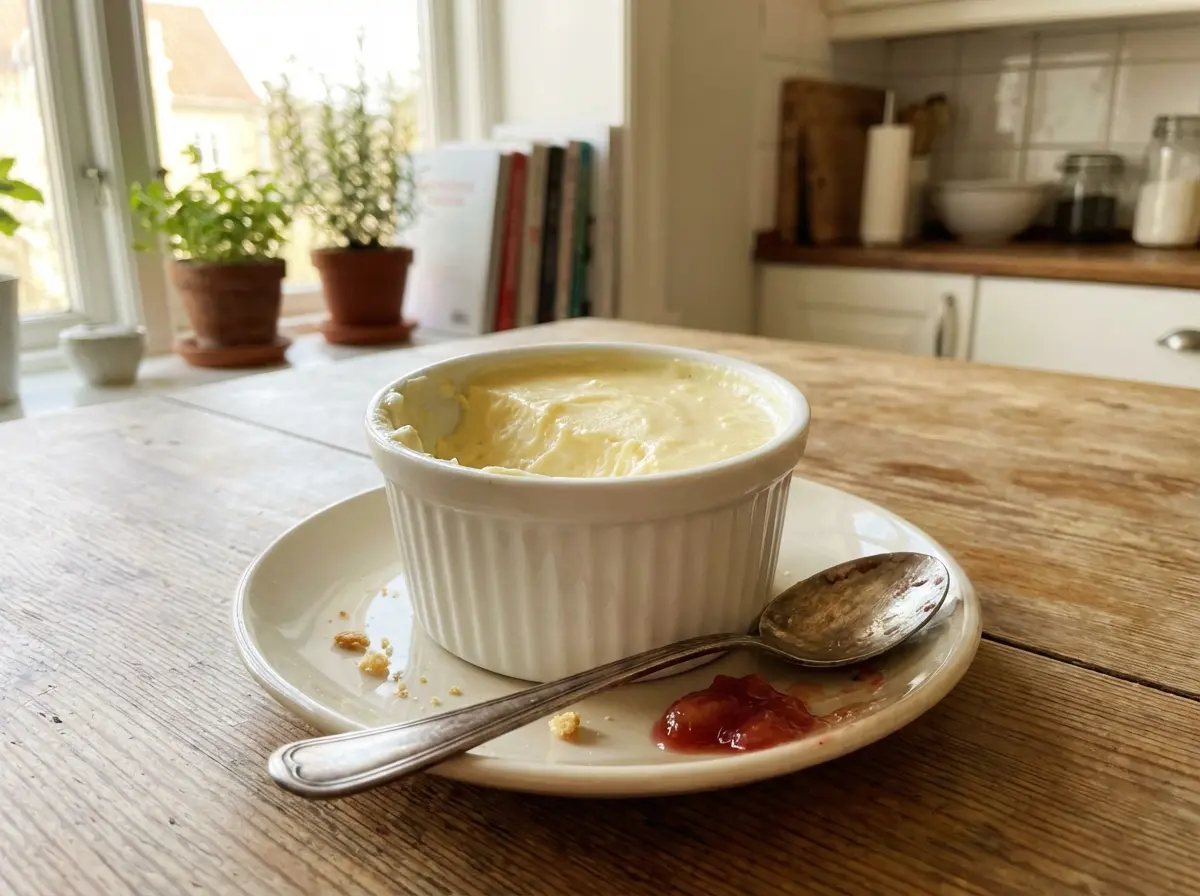 Two small lemon mascarpone pots in ramekins, garnished with lemon zest
