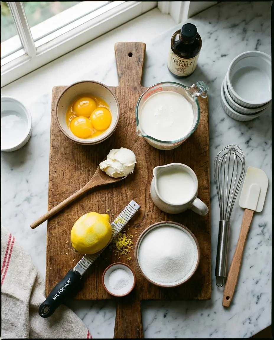 Ingredients for lemon mascarpone pots: egg yolks, mascarpone, cream, lemon