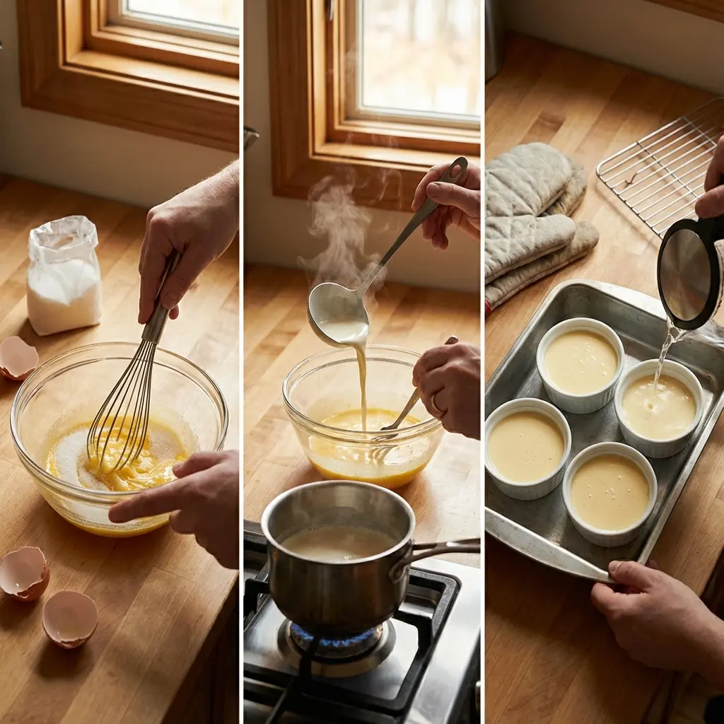 Preparing lemon mascarpone custard in a saucepan and pouring into ramekins