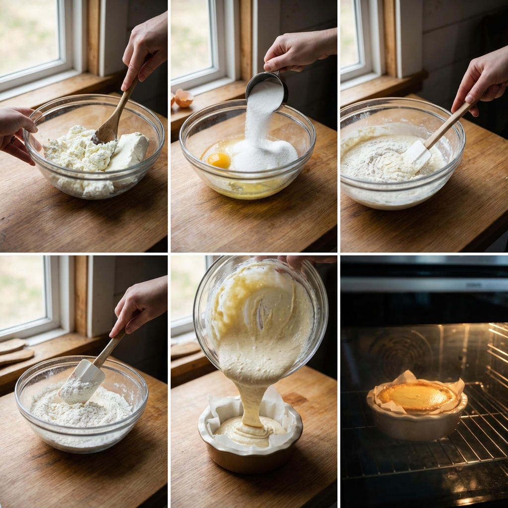 Step-by-step preparation of ricotta cheesecake in a ramekin