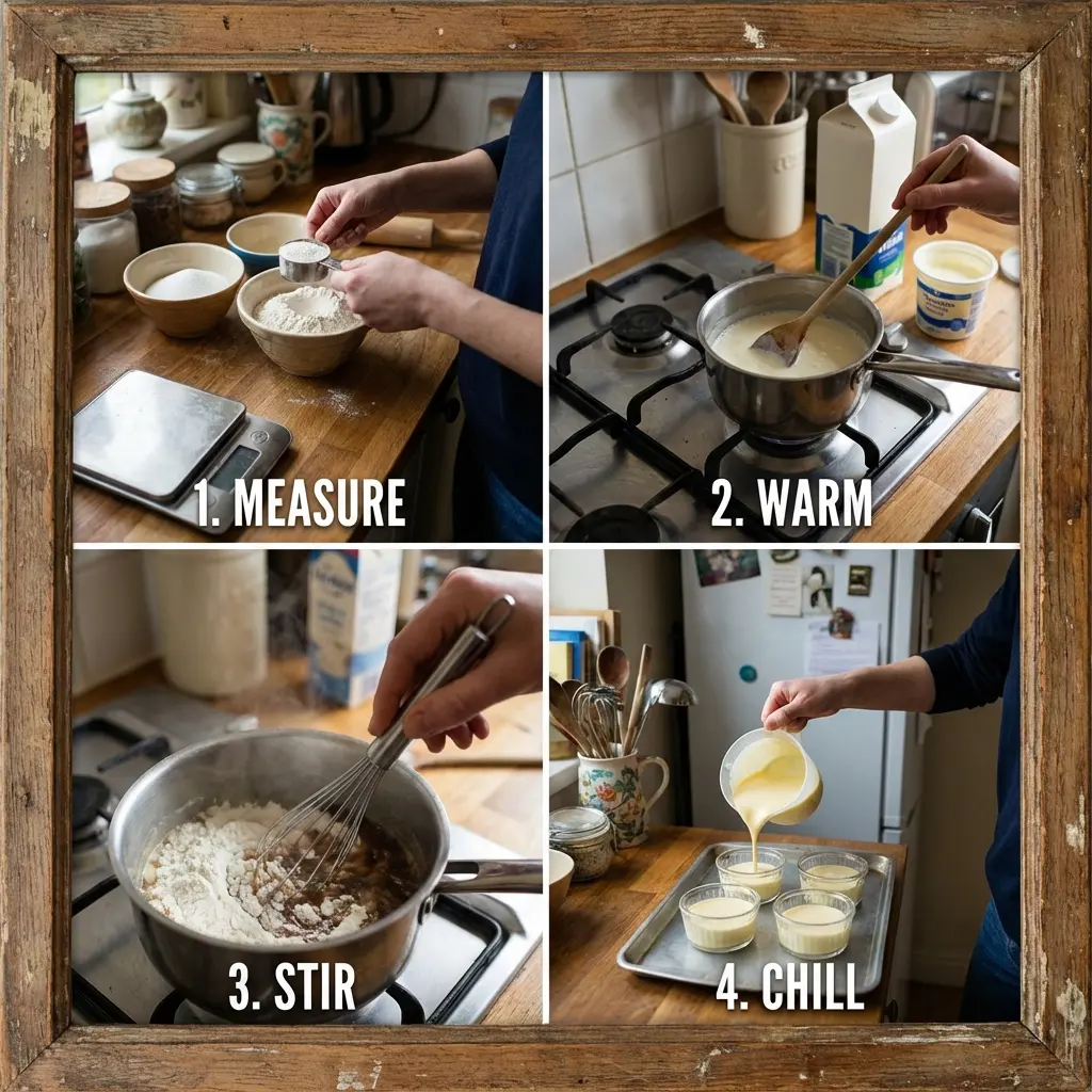 Pouring panna cotta mixture into ramekins