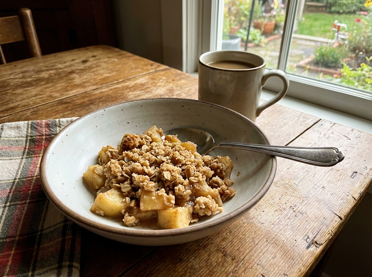 Soft baked apple crisp in a small ramekin