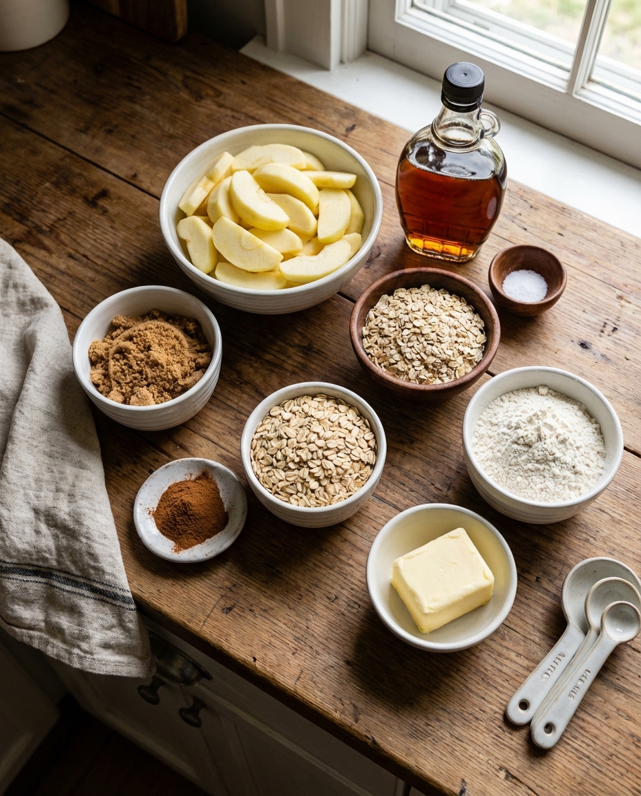 Ingredients laid out: apple, oats, flour, butter