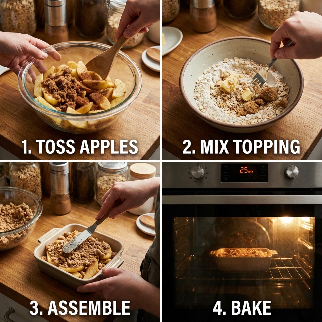 Apples in a ramekin being prepared with topping