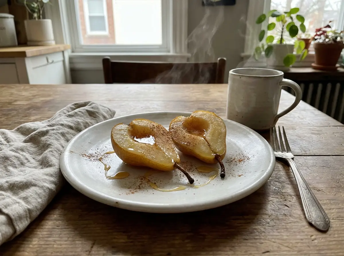 Two soft baked pear halves drizzled with honey and sprinkled with cinnamon