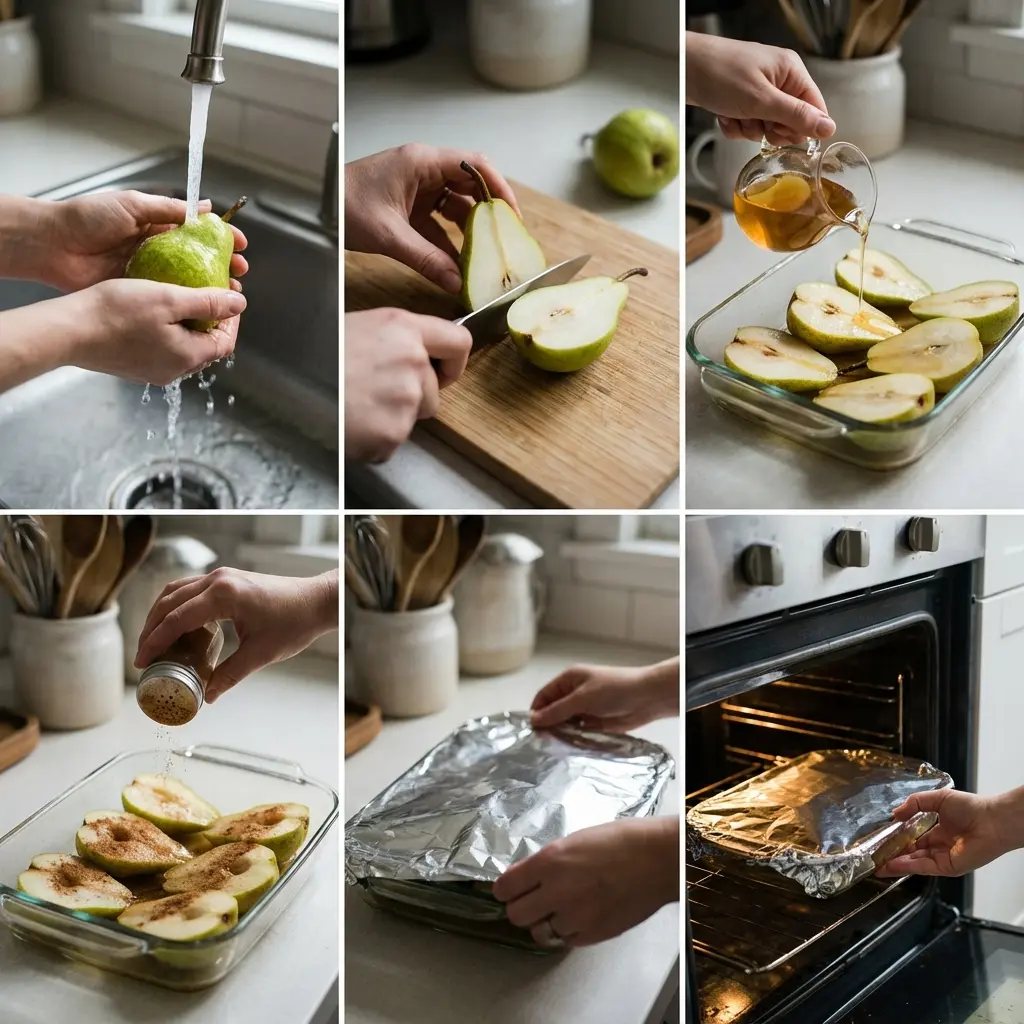 Baked pear in a small dish with honey and cinnamon