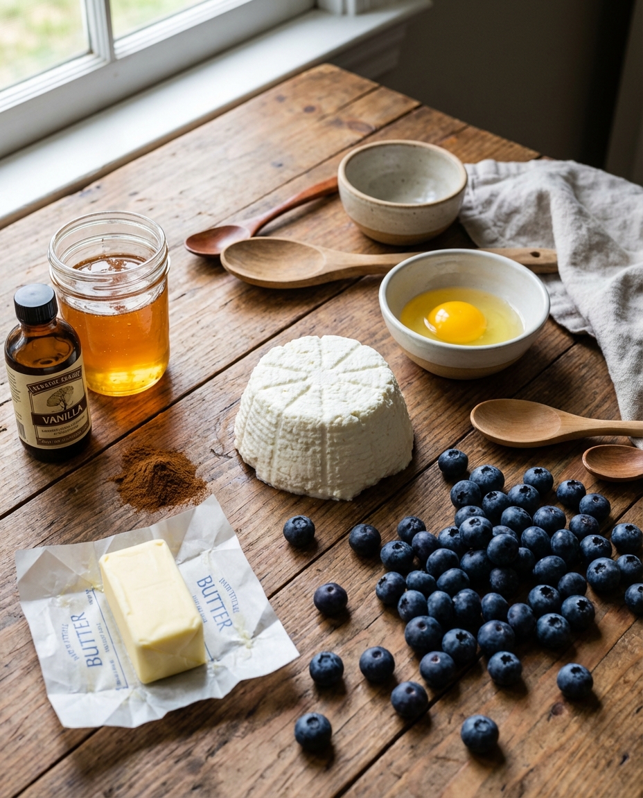 Ingredients laid out for ricotta and blueberry custard including ricotta, egg, honey and blueberries