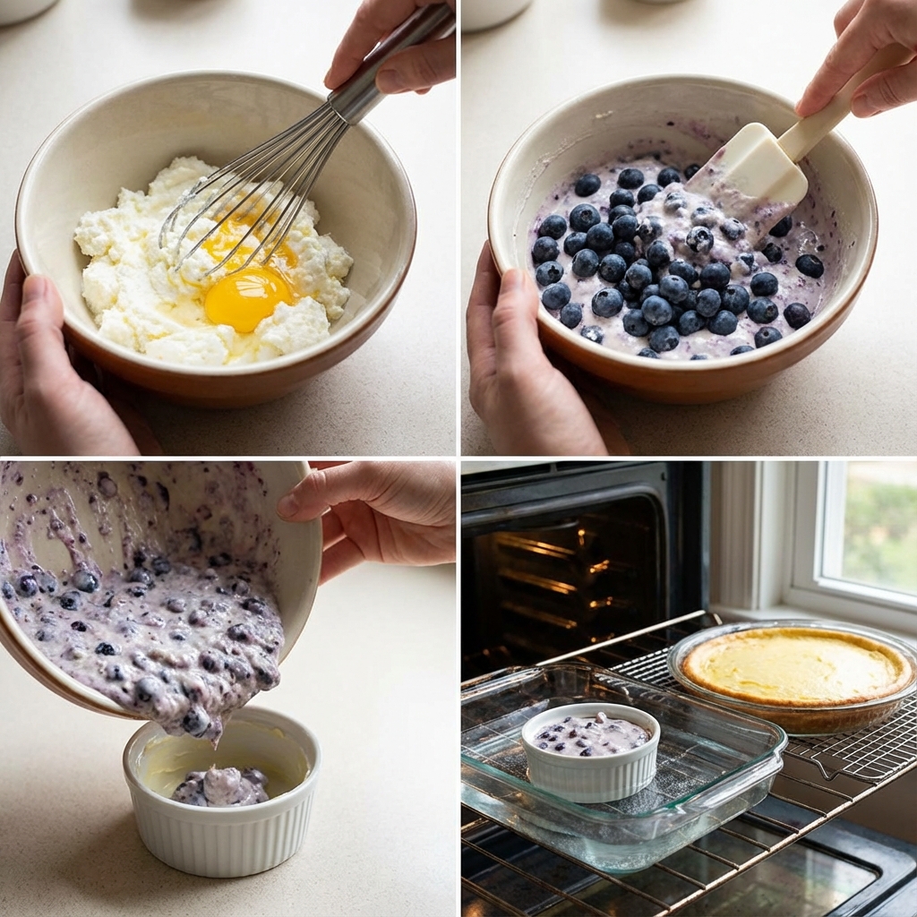 Preparing and baking the ricotta custard in a ramekin placed in a water bath