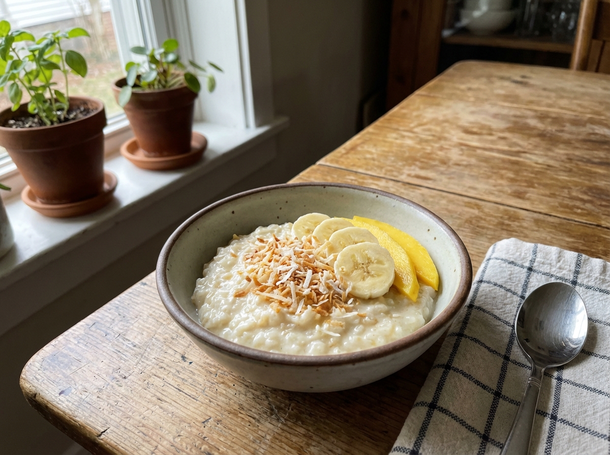 Soft coconut rice pudding in a bowl