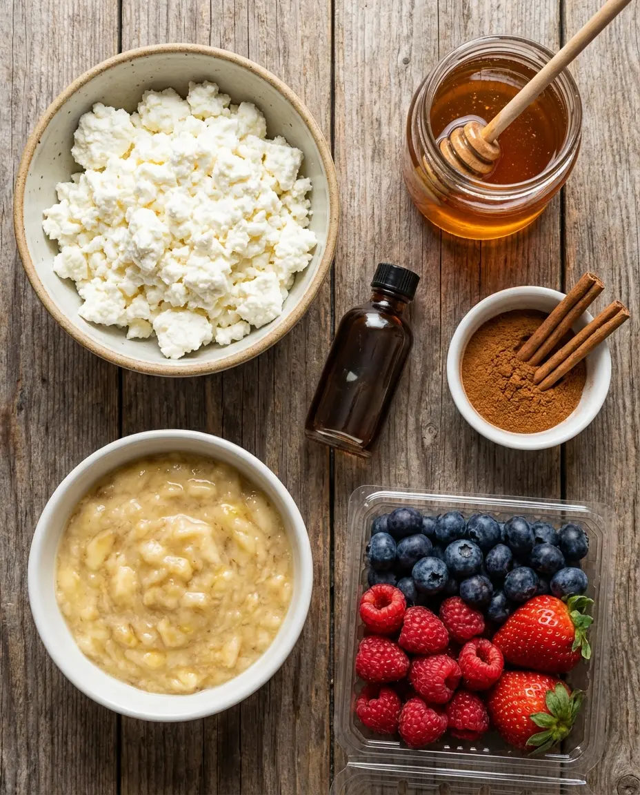 Ingredients for soft cottage cheese dessert on a wooden surface