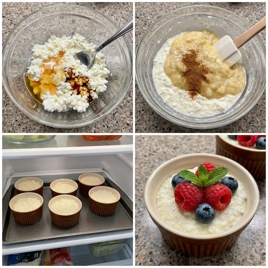 Steps to make soft cottage cheese dessert shown in bowls and utensils