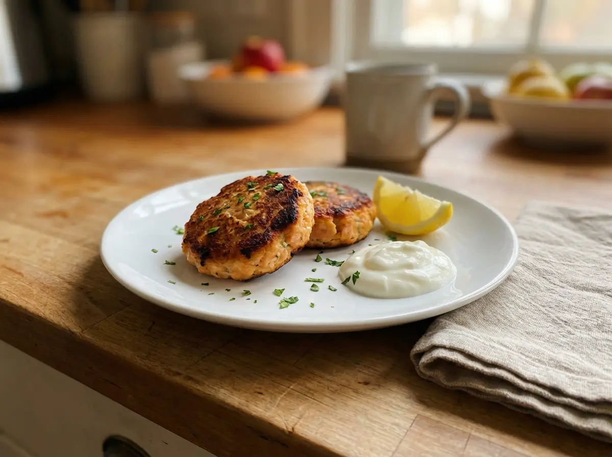 Two soft salmon cakes on a plate with a lemon wedge