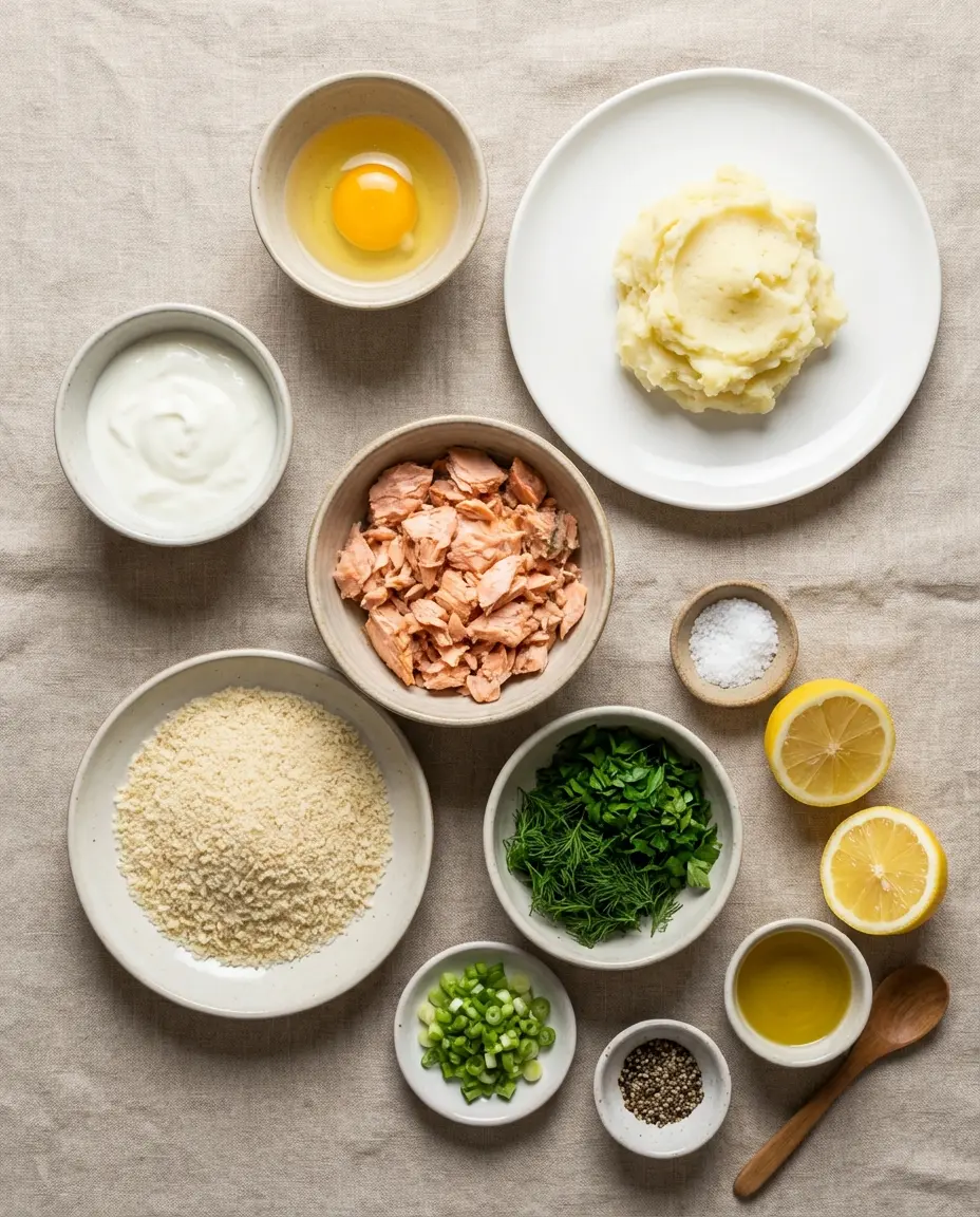 Ingredients for soft salmon cakes arranged on a counter
