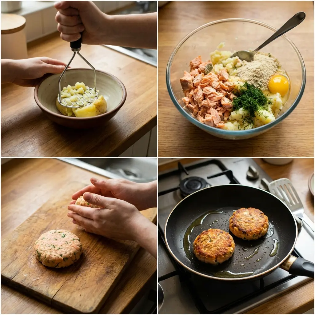 Hands shaping salmon cake patties before cooking