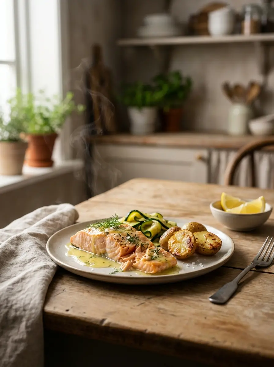 Air fryer salmon with zucchini and baby potatoes