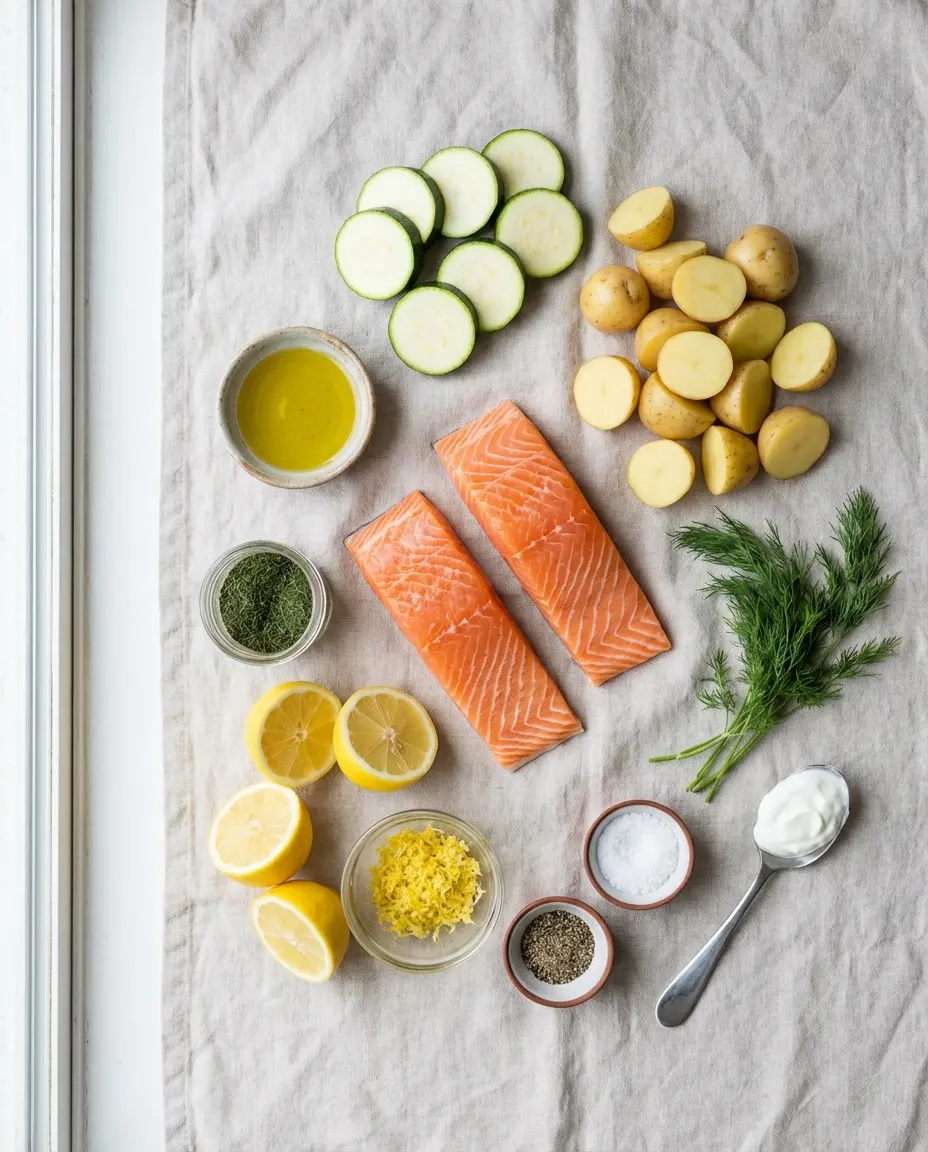 Ingredients laid out: salmon, zucchini, baby potatoes, lemon, and herbs