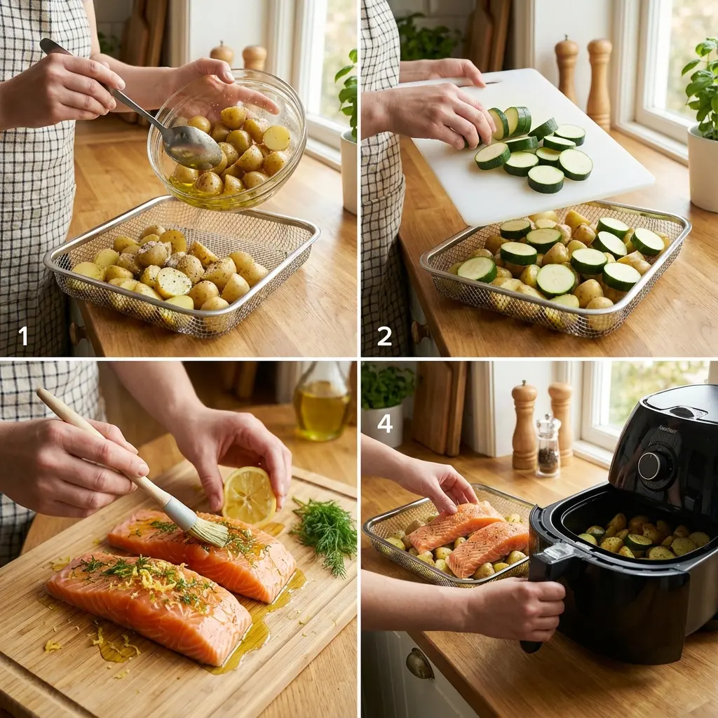 Air fryer basket with potatoes, zucchini, and salmon cooking