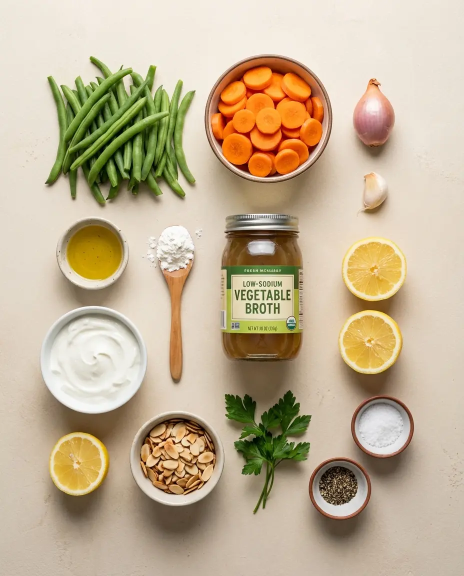 Ingredients for bright green bean casserole laid out on a counter including green beans, carrots, yogurt, and almonds