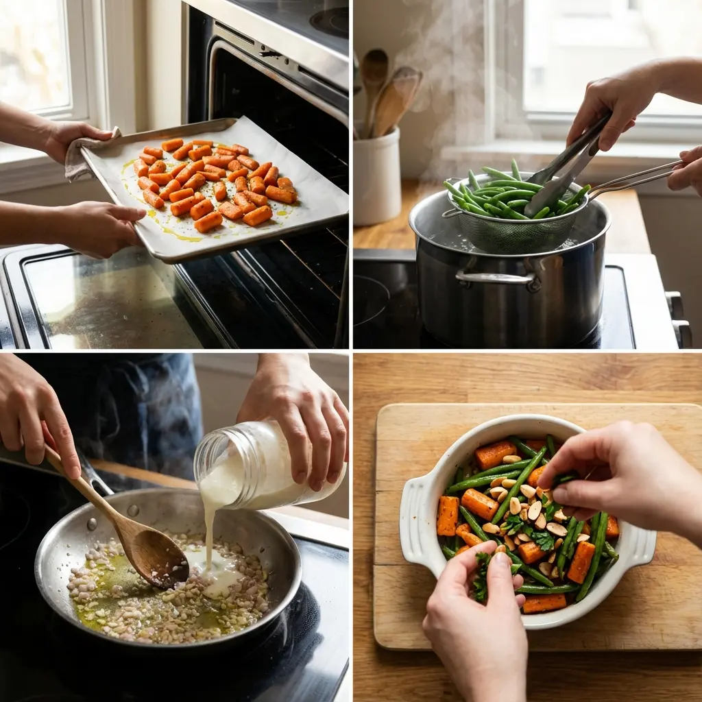 Small casserole dish with roasted carrots and green beans being prepared