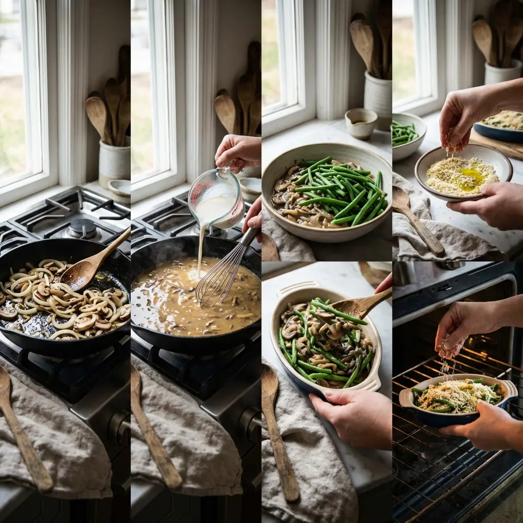 Step-by-step cooking process for green bean casserole: sautéing, assembling, and baking