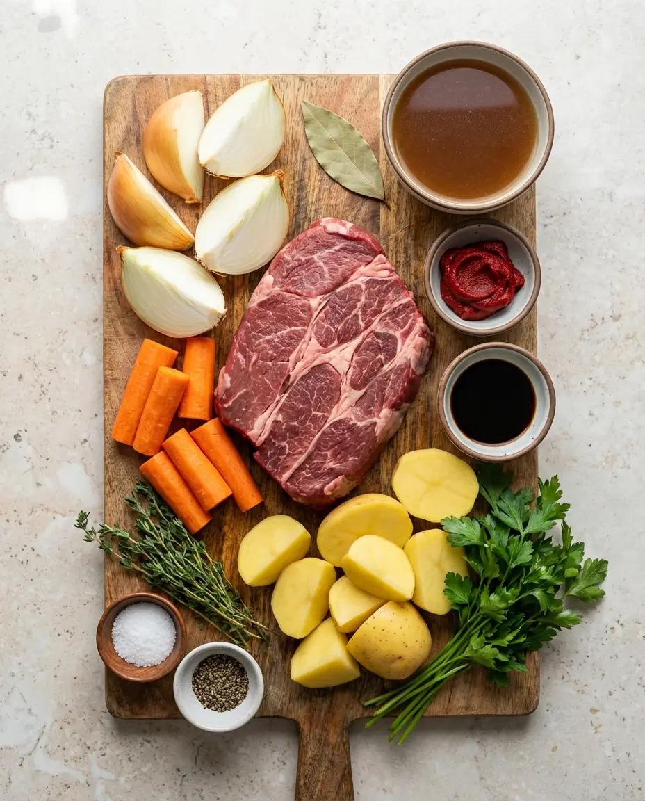 Ingredients for slow cooker pot roast laid out on a counter