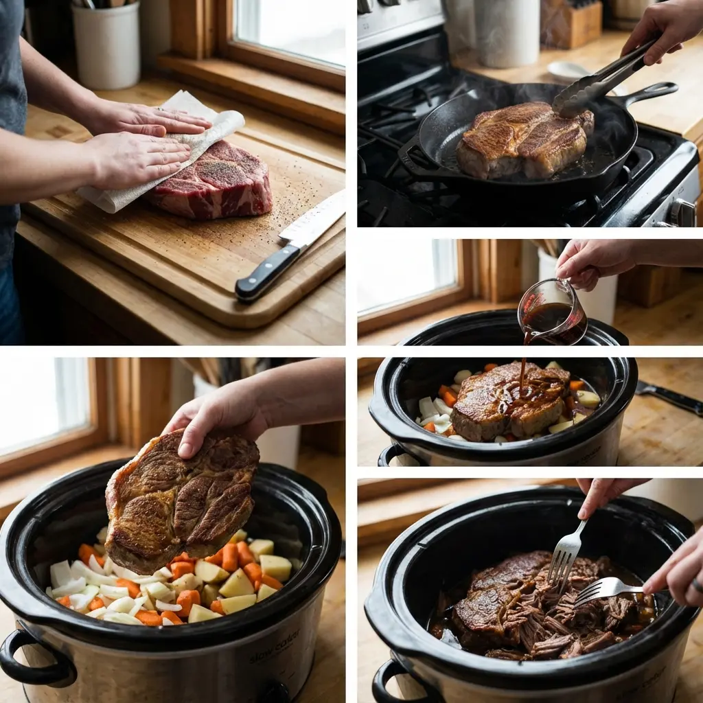 Step-by-step slow cooker pot roast in process