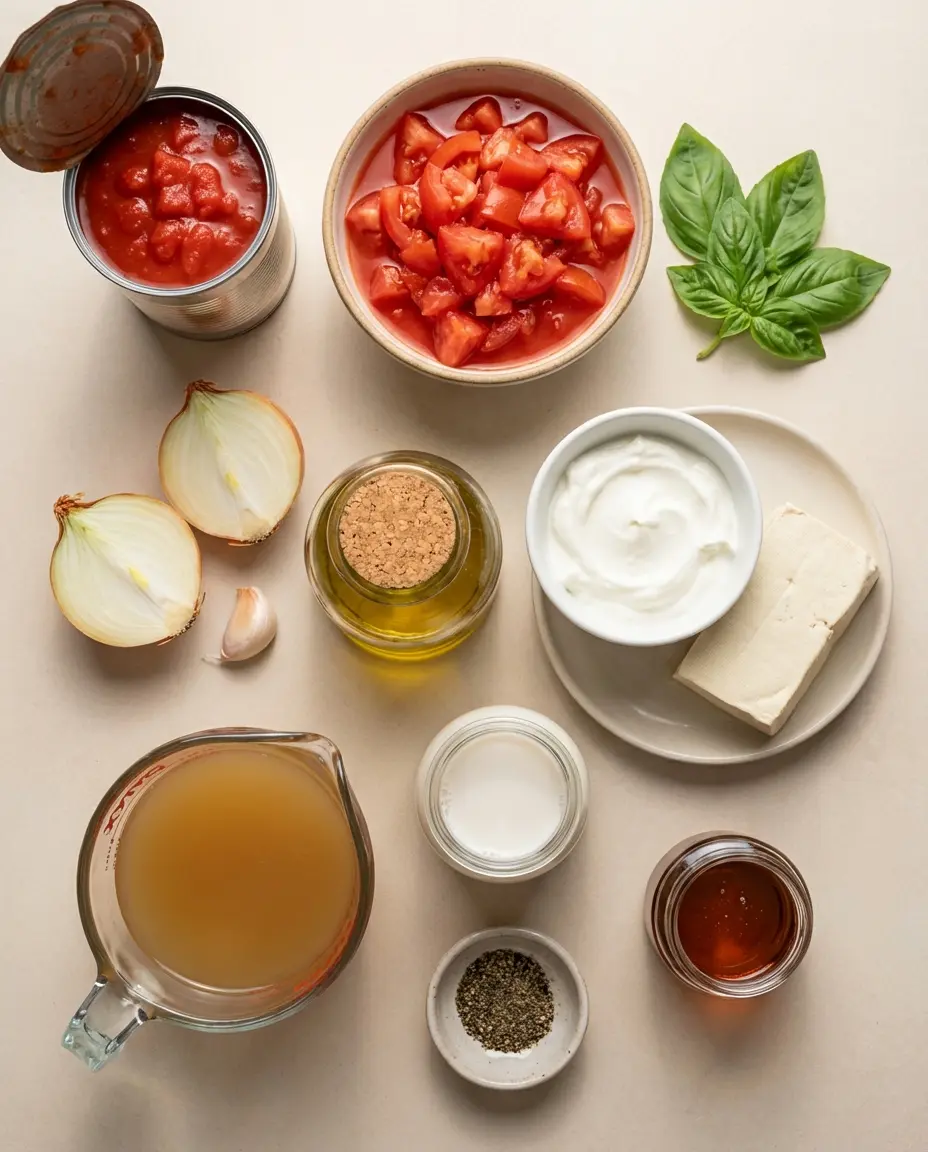 Measured ingredients for creamy tomato basil soup laid out on a counter