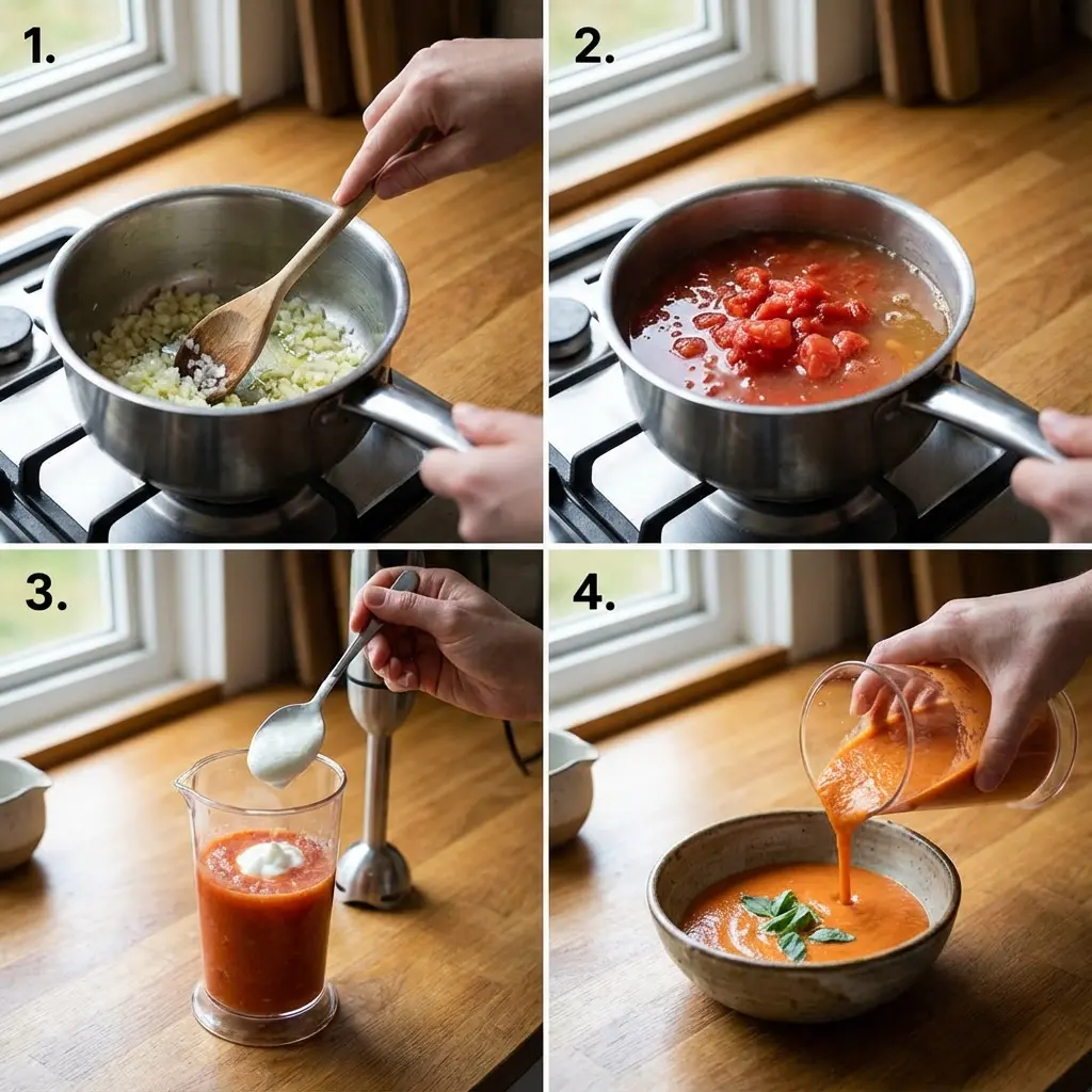 Steps showing cooking and blending of tomato basil soup in a pot
