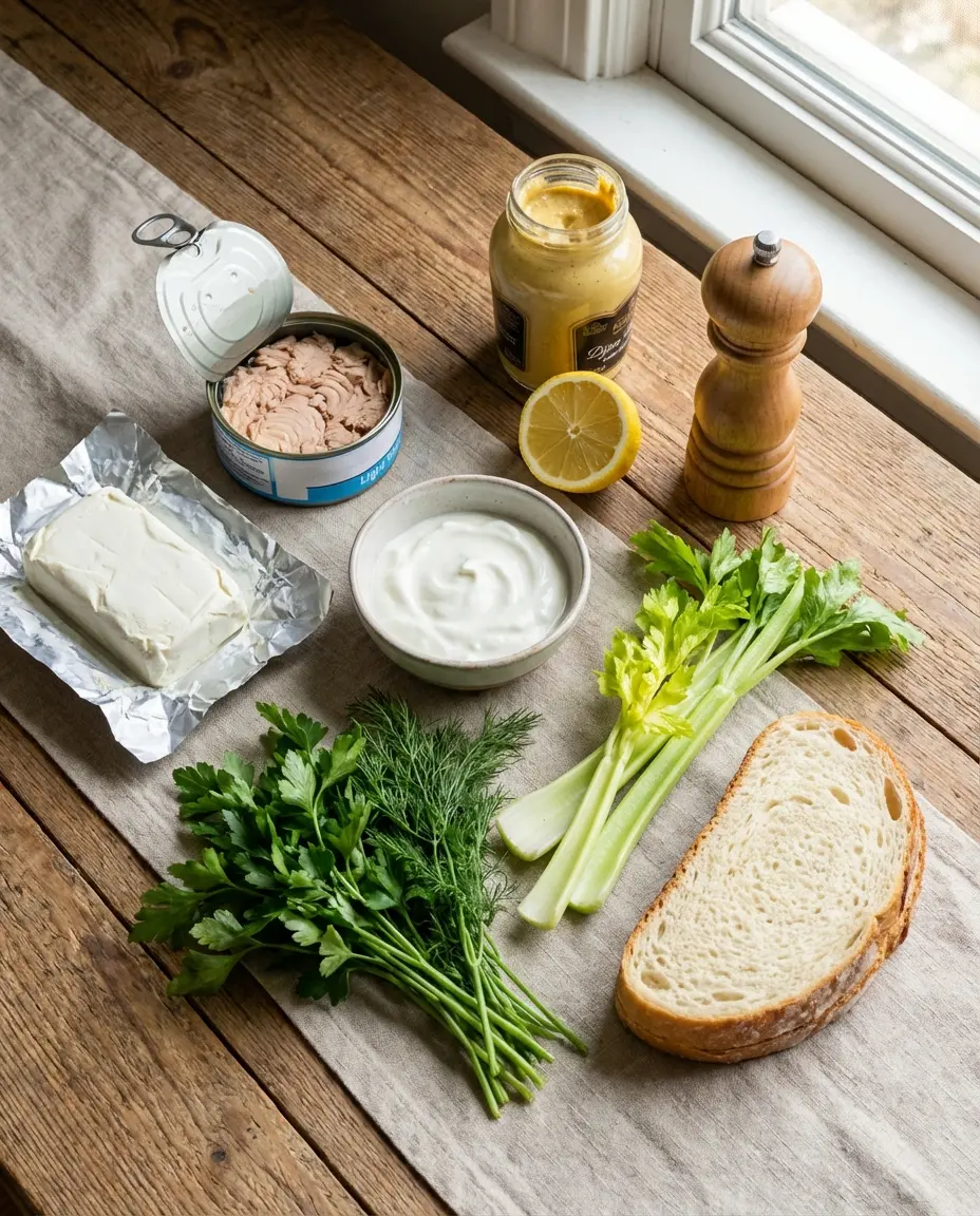 Ingredients for tuna mousse laid out on a surface