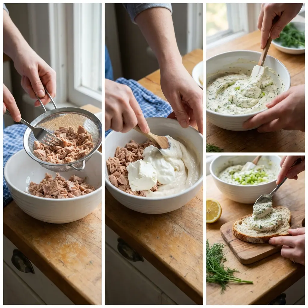 Steps to make tuna mousse shown with utensils