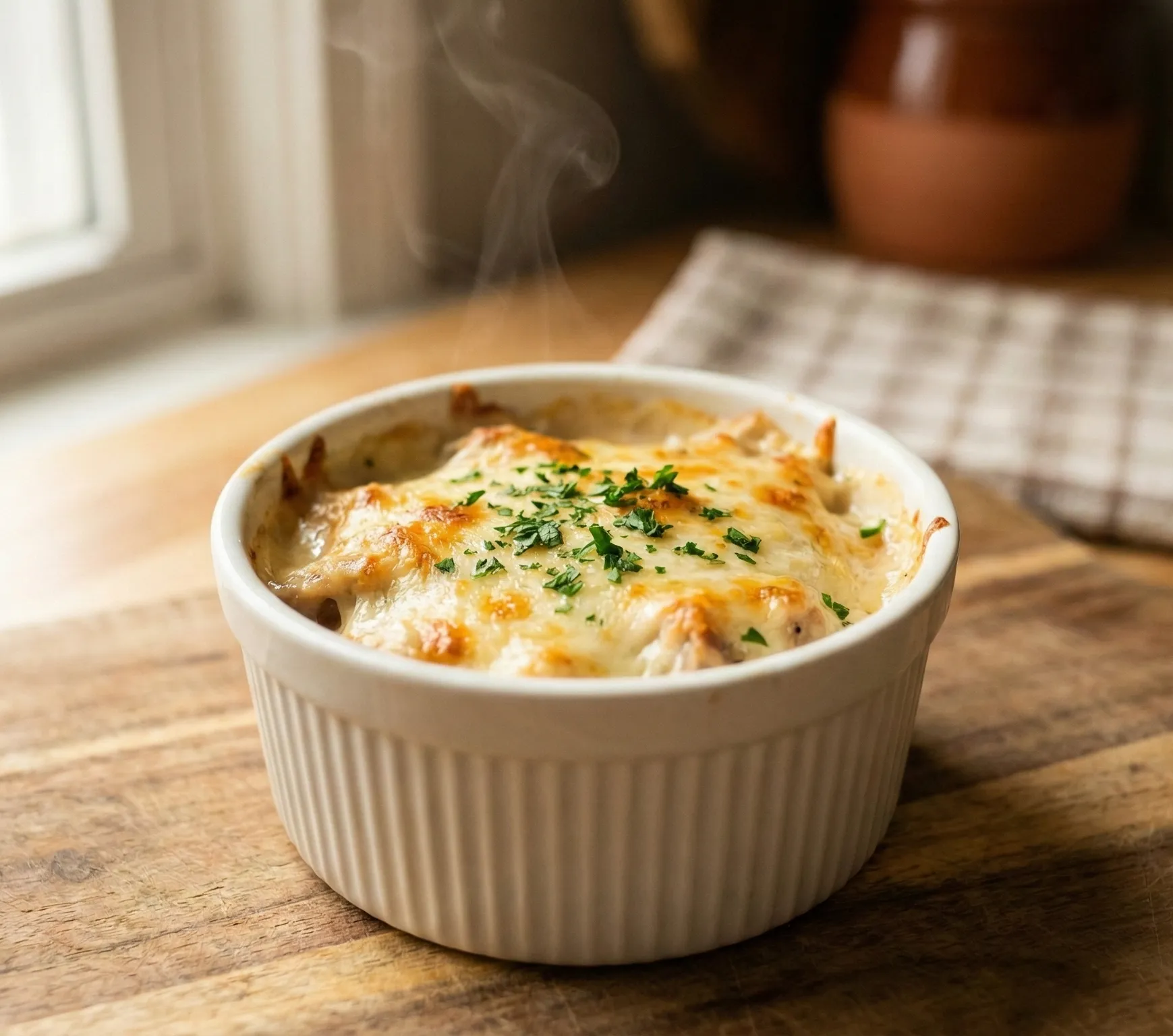 Two creamy turkey ramekins fresh from the oven